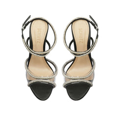 Schutz Louise Black Clear Crystal-Embellished Ankle Strap Open Toe Heel Sandals