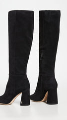 Sam Edelman Clarem Black Suede Block Heel Almond Toe Knee High Fashion Boots