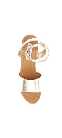 Steve Madden Welsh Gold Leather Ankle Strap Open Toe Platform Wedge Sandal