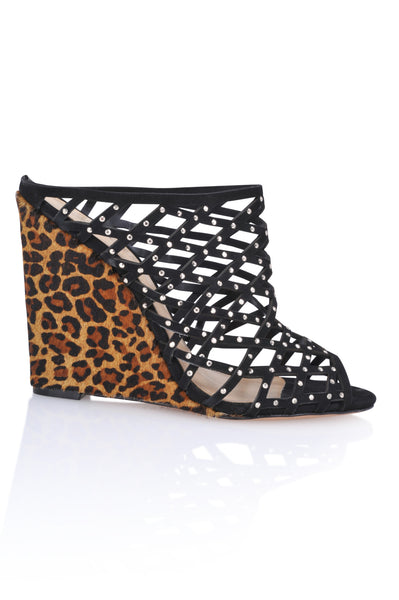 Schutz Womens Mikky Black Leopard Studded Caged Peep Toe Wedge Mule Sandals