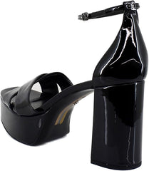 Sam Edelman Jullian Black Patent Leather Open Toe Ankle Strap Block Heel Sandals