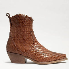 Sam Edelman Blair Light Gold Stacked Heel Pointed Toe Leather Woven Western Boot
