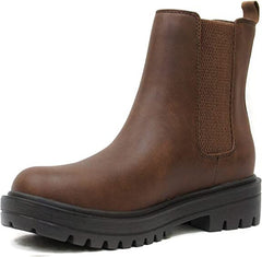 Soda Pilot Dark Tan Pull On Round Toe Chunky Platform Block Heel Wide Ankle Boot