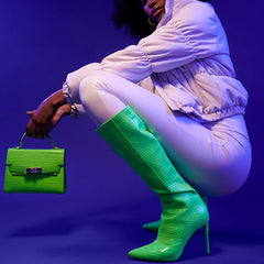 Steve Madden Idina Green Crocodile Stiletto Knee High Heel Pointed Toe Boots