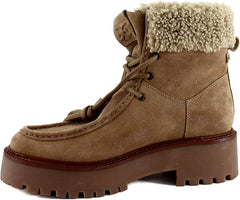Sam Edelman Elara Light Almond Leather Lug Sole Lace Up Shearling Booties
