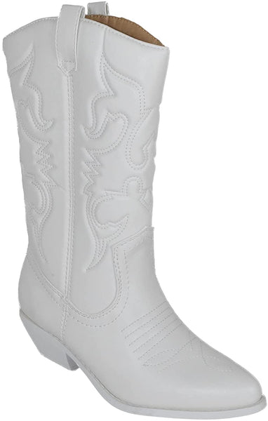 Soda Reno All-White Pu Western Cowboy Pointed Toe Knee High Pull On Tabs Boots (8.5, White)