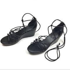 Charles David Vegas Black Leather Strappy Low Platform Tie Up Wedge Sandals