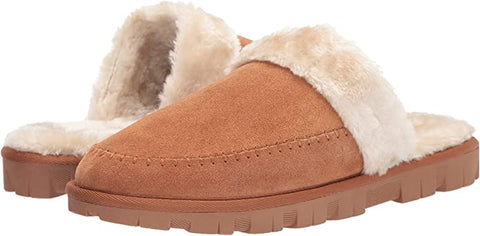 Lucky Brand Domain Cognac Suede Fur Lined Slip On Round Toe Suede Casual Slipper