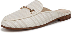 Sam Edelman Linnie White/Natural Striped Linen Chain Embellished Wide Mules