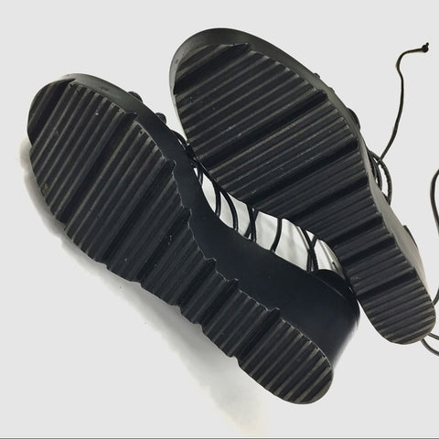 Charles David Vegas Black Leather Strappy Low Platform Tie Up Wedge Sandals