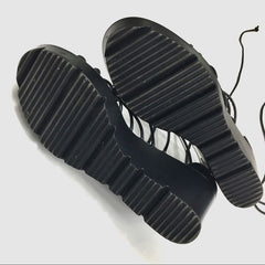 Charles David Vegas Black Leather Strappy Low Platform Tie Up Wedge Sandals