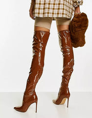 Steve Madden Viktory Cognac Patent Over the Knee Stiletto Heel Pointed Toe Boots