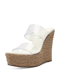 Schutz Arien Mid White Slip On Open Toe Clear Straps Modern Spin Wedges Sandals