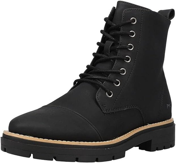 Toms Alaya Black Synthetic Nubuck Lace Up Side Zipper Lugged Sole Ankle Boots
