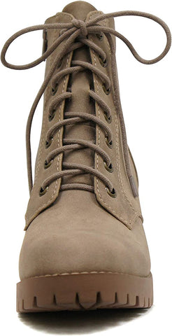 Soda Single Light Taupe Lug Sole Chunky Heel Lace Up Platform Combat Wide Boots