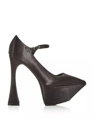 Jeffrey Campbell Siouxsie Black Satin Ankle Strap Pointed Toe Spool Heel Pumps