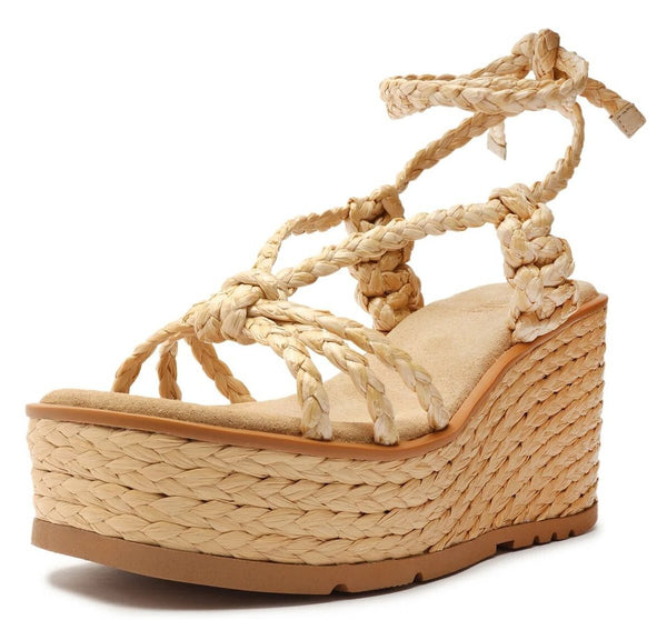 Schutz Geissa Light Beige Strappy Tie Up Wedge Heeled Platform Open Toe Sandals
