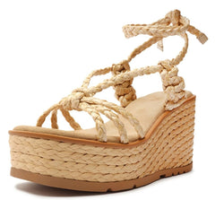 Schutz Geissa Light Beige Strappy Tie Up Wedge Heeled Platform Open Toe Sandals