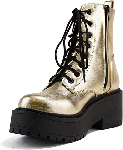Soda Fling Gold Metallic Pu Lace Up Chunky Lug Sole Round Toe Wide Combat Boots