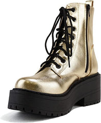 Soda Fling Gold Metallic Pu Lace Up Chunky Lug Sole Round Toe Wide Combat Boots