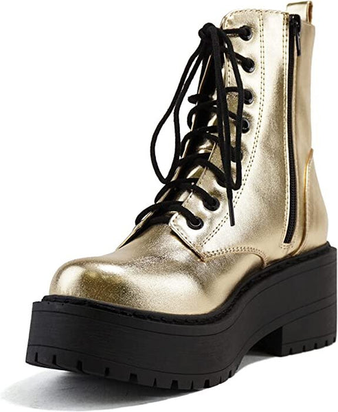 Soda Fling Gold Metallic Pu Lace Up Chunky Lug Sole Round Toe Combat Ankle Boots