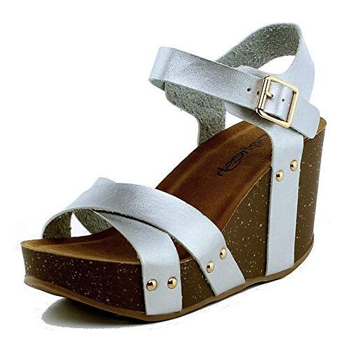 Refresh Mara-05 Wedge Sandals Silver Vegan Leather Open Toe Platform Sandals