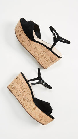 Schutz Heloise Black Suede Wedge Sandal Open Toe Cork Casual Platform Sandals