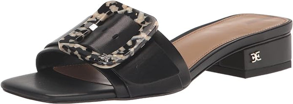 Sam Edelman Deacon Black Squared Open Toe Buckle Detailed Slides Heeled Sandals