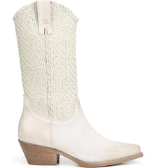 Sam Edelman Brenda Off White Stacked Heel Pointy Toe Woven Mid-Calf Western Boot