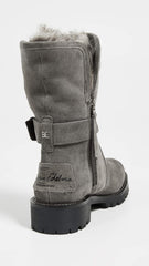 Sam Edelman Jeanie Gray Suede Fur Lined Lug Sole Moto Lace Up Chelsea Boot