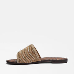 Sam Edelman Gallie Natural Multi Slip On Rounded Open Toe Flat Slides Sandals