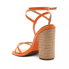Schutz Narah Orange Open Toe Cross Buckle Ankle Strap Block High Heeled Sandals