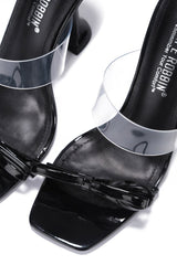 Cape Robbin Miska Black Clear High Stiletto High Heel Open Toe Bow Pumps Sandals