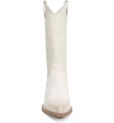 Sam Edelman Brenda Off White Stacked Heel Pointy Toe Woven Mid-Calf Western Boot