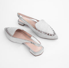 Cecelia New York Cleo White Silver Elasticized Slingback Pointed Toe Flats Shoes