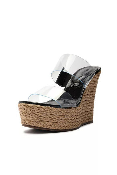 Schutz Arien Black Slip On Open Toe Clear Straps Modern Spin Wedges Sandals
