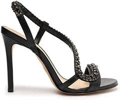 Schutz Court Black Metallic Crystal Studs Pull On Open Toe Stiletto Heel Sandals