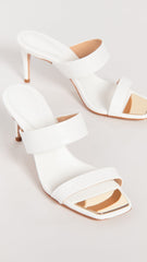 Schutz Aruana White Double Strap Gold Trim Slip On Open Toe High Heel Sandals
