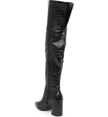 Charles David Various Black Croco Leather Over Knee Pointed Toe Block Heel Boots