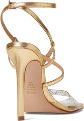 Schutz Aisha Gold Glitter Vamp Ankle Strap Open Toe Stiletto High Heel Sandals