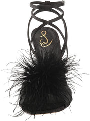 Sam Edelman Layton Black Suede Ankle Strap Spool Heeled Feather Detailed Sandals