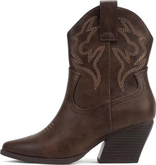 Soda Blazing Brown Pu Pointed Toe Stitched Block Heeled Western Ankle Boots