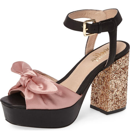 Shellys London Deepali Blush Satin Knotted Glitter Chunky Rocker Platform Sandal