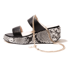Cecelia New York BALEVES Leather Wedge Heeled Platform Sandals Black Snake gold