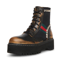 Steve Madden Burner Black Multi Leather Lace Up Chunky Heel Ankle Combat Boots