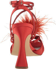 Sam Edelman Layton Red Mahogany Ankle Strap Spool Heeled Feather Detailed Sandals