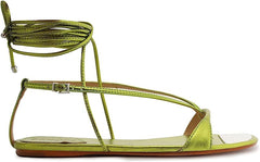 Schutz Vikki Flat Green Yellow T-Strap Ankle Strap Lace up Open Toe Flat Sandal