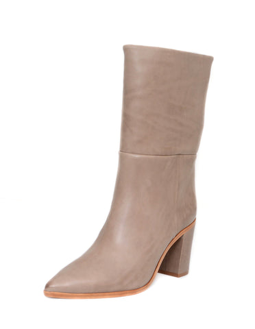 Schutz Women's Halston Goat Brown Mid Calf Pointy Toe Mid Calf Block Heel Bootie