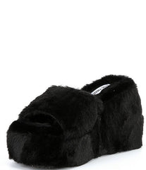 Steve Madden Vito Black Slip On Rounded Open Toe Platform Fur Fashion Slipper