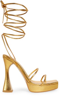 Jeffery Campbell Prima Donna Platform Sandal Gold Metallic Tie Up High Block Heel